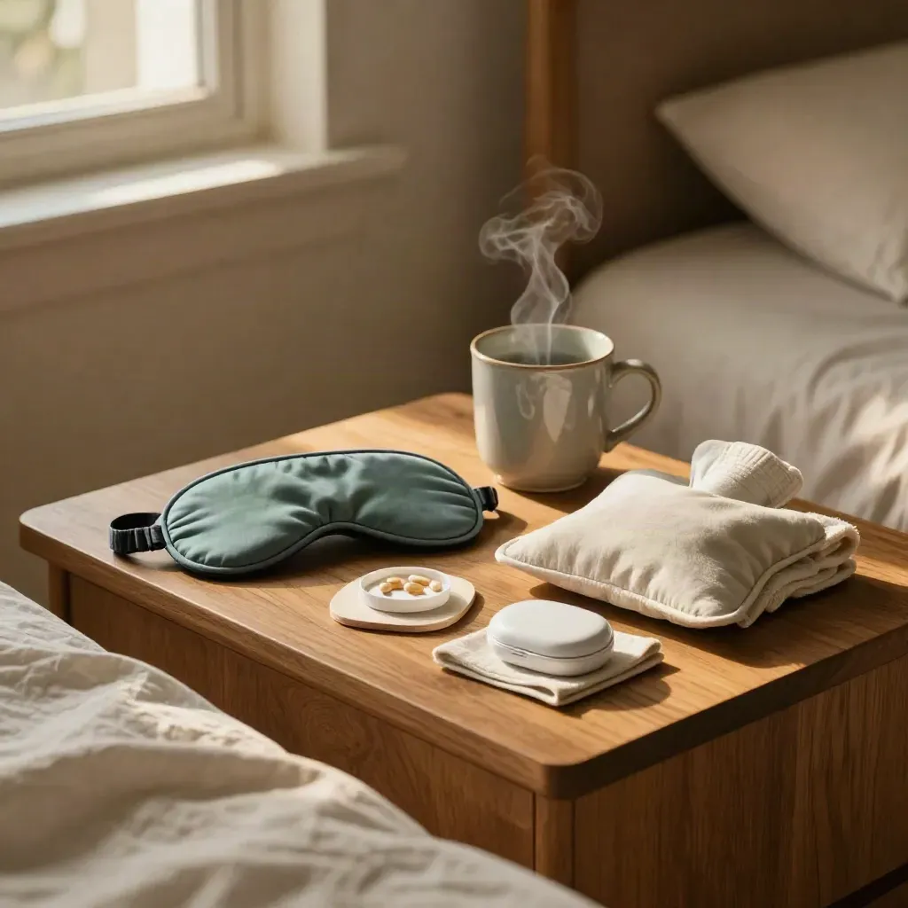 Teal sleep mask, mug, heat pack, and pill case on a bedside table in soft dusk light.