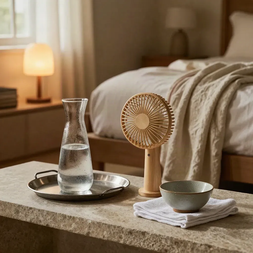 Bedside menopause support still life with robe, carafe, fan and chilled cloth in warm light