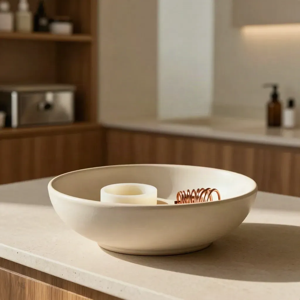 Ceramic bowl with pill case, silicone ring holder and copper coil model on a clinic counter.