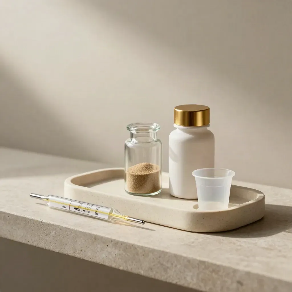 Travertine fertility tray with thermometer, timer, vitamin bottle and sample cup in soft morning light