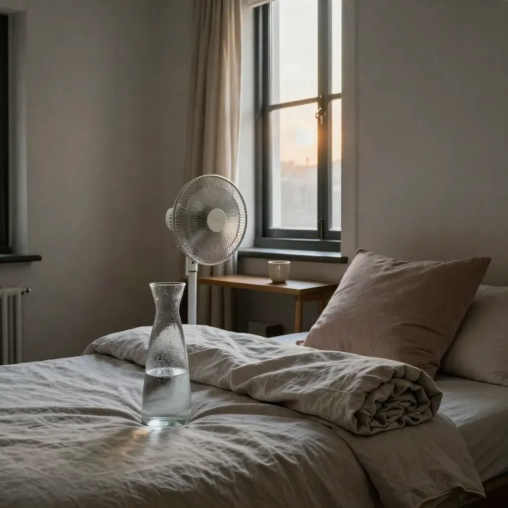 Open bedroom corner with linen duvet, quiet fan, and water carafe by an open window.