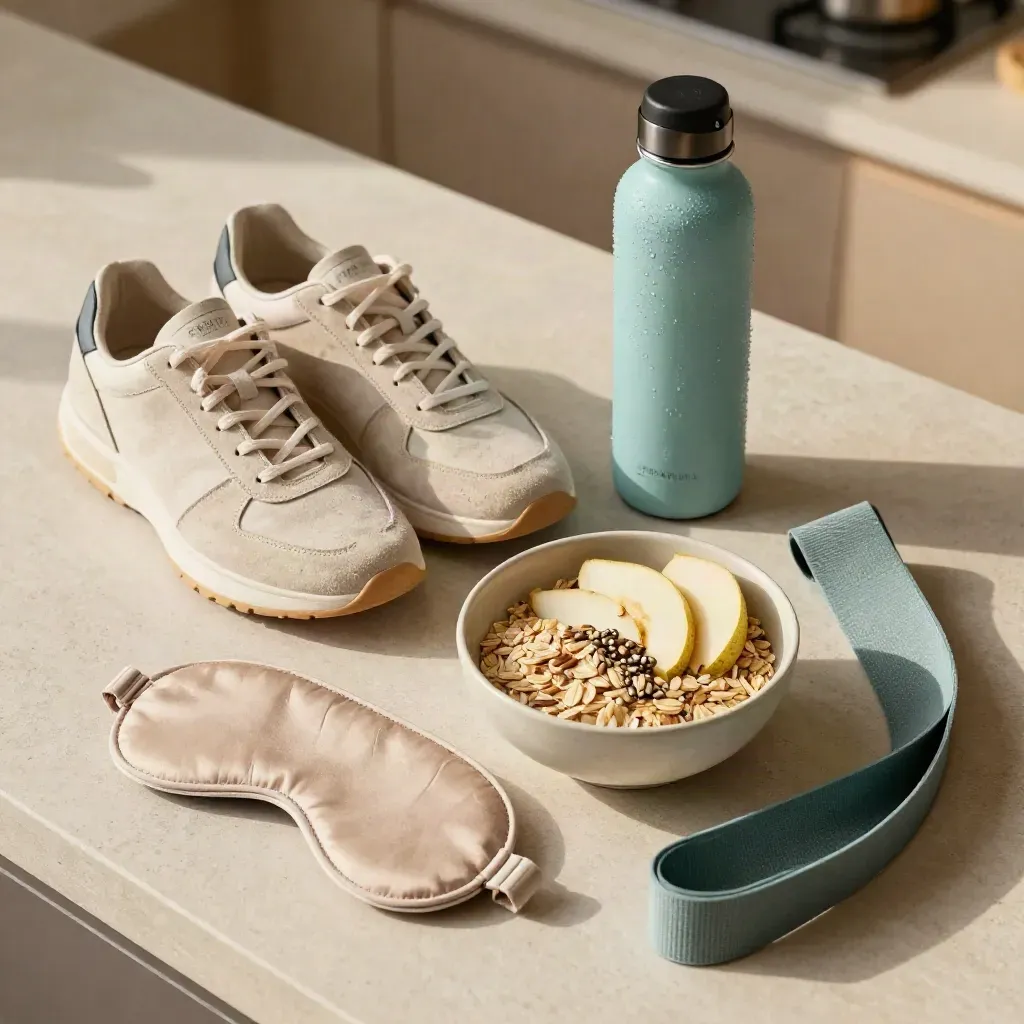 Overhead flatlay of trainers, oats, sleep mask, water bottle, and resistance band