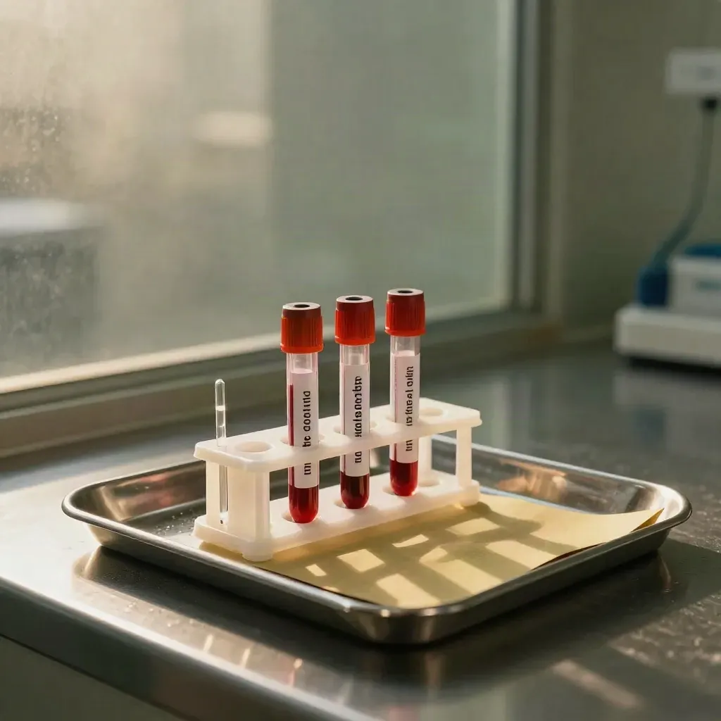 Blood tubes in a steel tray on a clinical bench, lit dramatically for a Freya Health review.