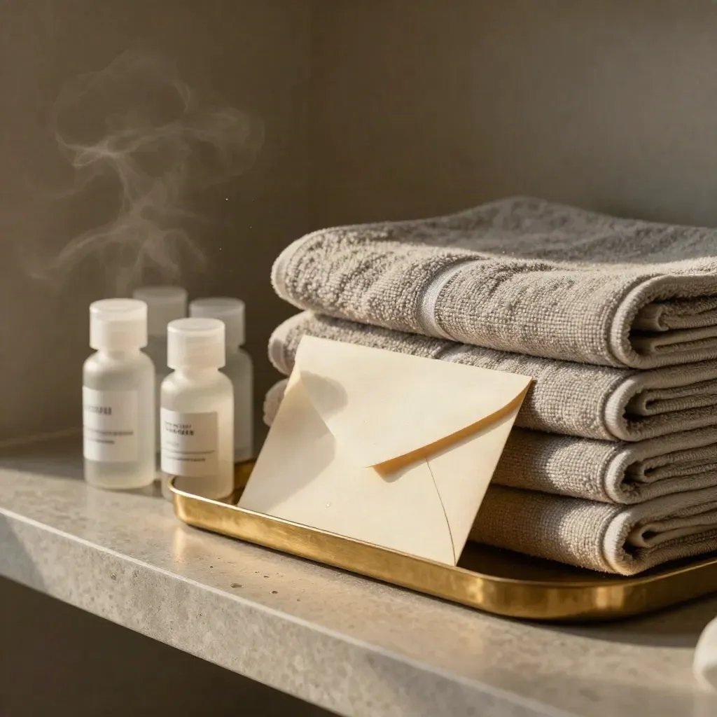 Tidy bathroom shelf with sample vials, folded towels, steam, and a face-down referral envelope