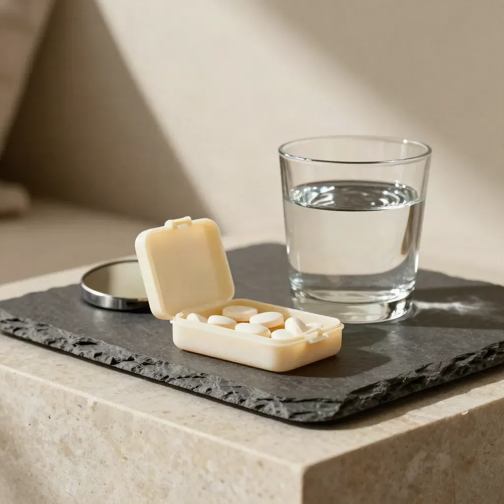 Half-open pill case, water glass, and compact mirror on a slate stone tray by the bedside.