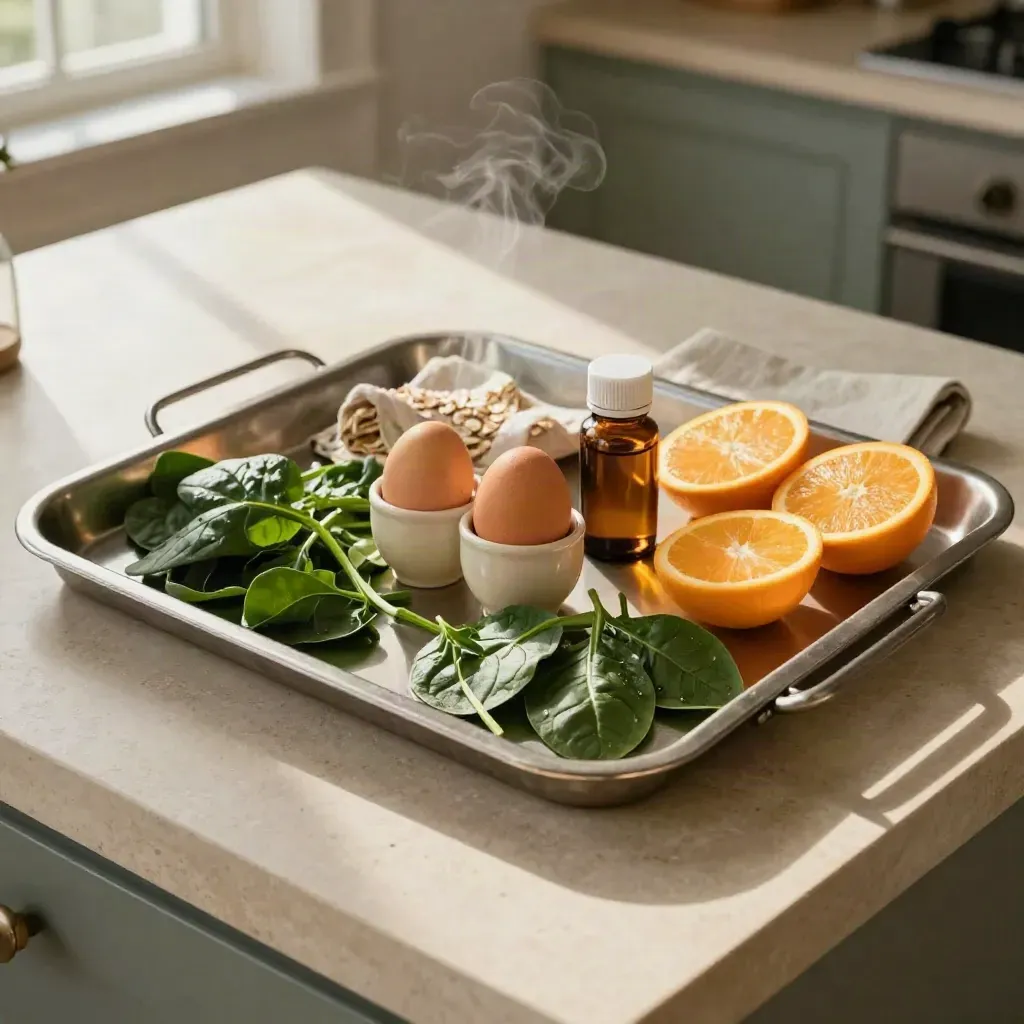 Top-down breakfast tray with spinach, eggs, citrus, and an iron supplement bottle.