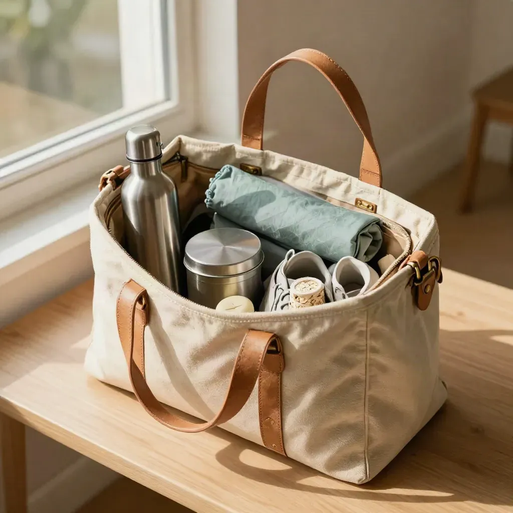 Open weekender bag packed with travel essentials on a sunlit bench