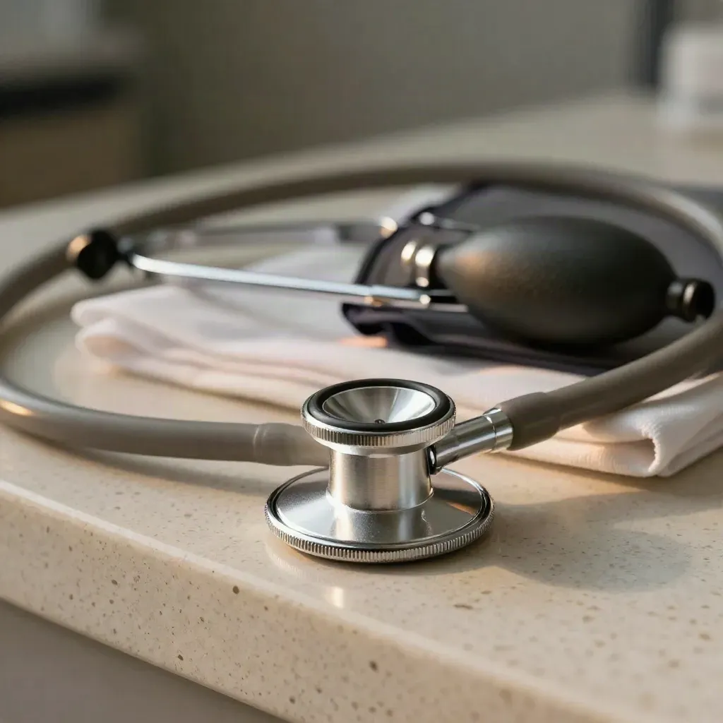 Macro still life of stethoscope, blood-pressure tubing and otoscope on travertine ledge