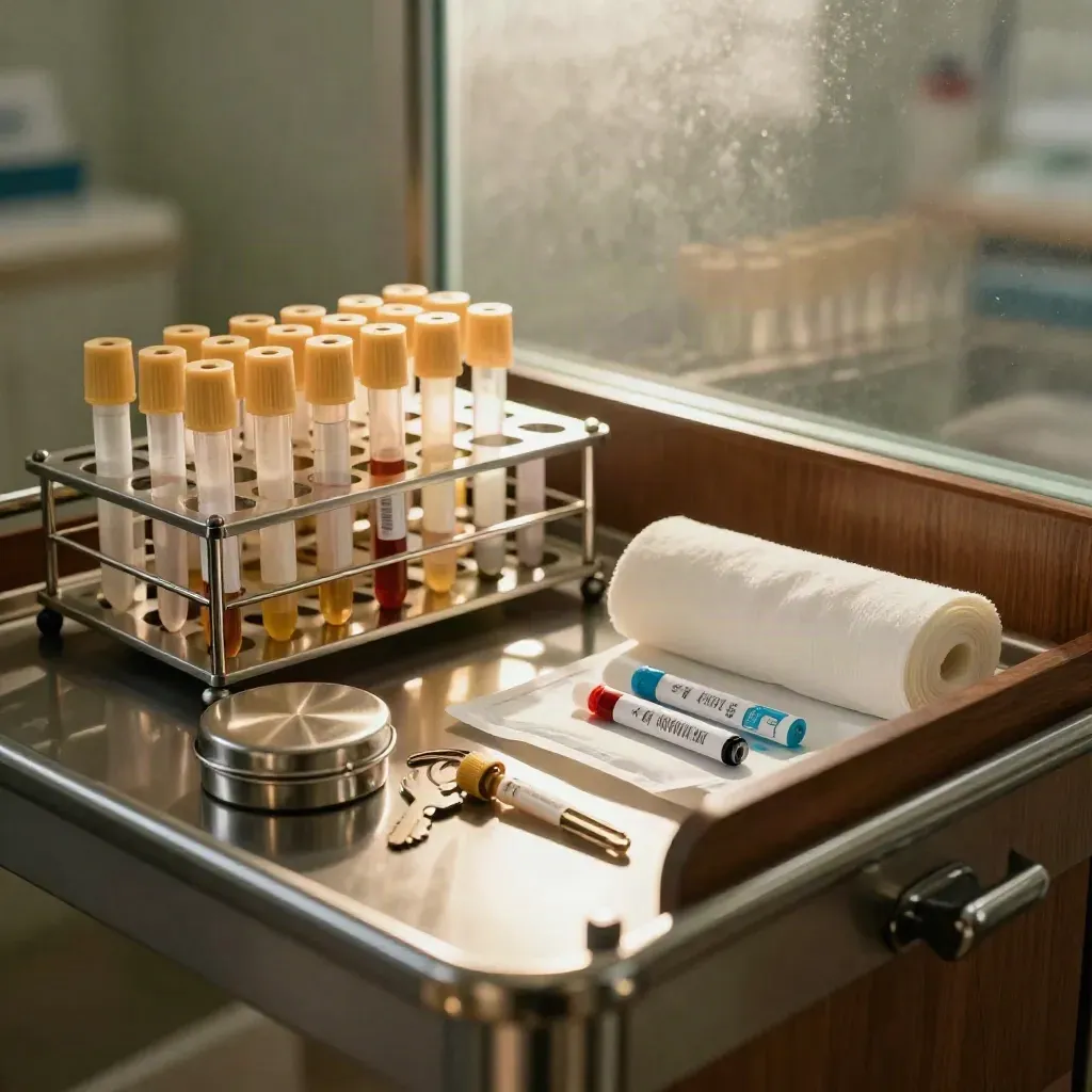 Clinic prep still life with specimen tubes, gauze, swab tin, and medical supplies