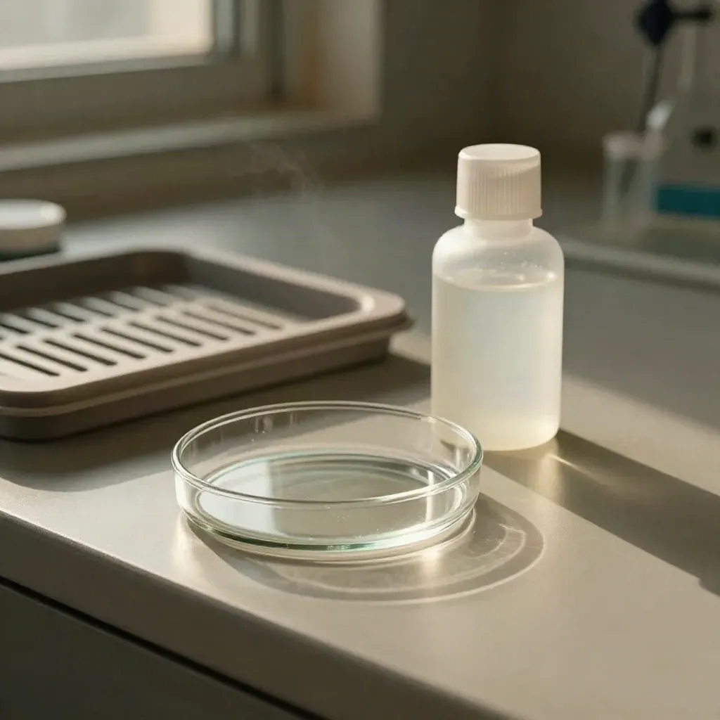 Glass petri dish, sample cup and gel bottle on a clinical lab shelf, side-lit in soft focus.