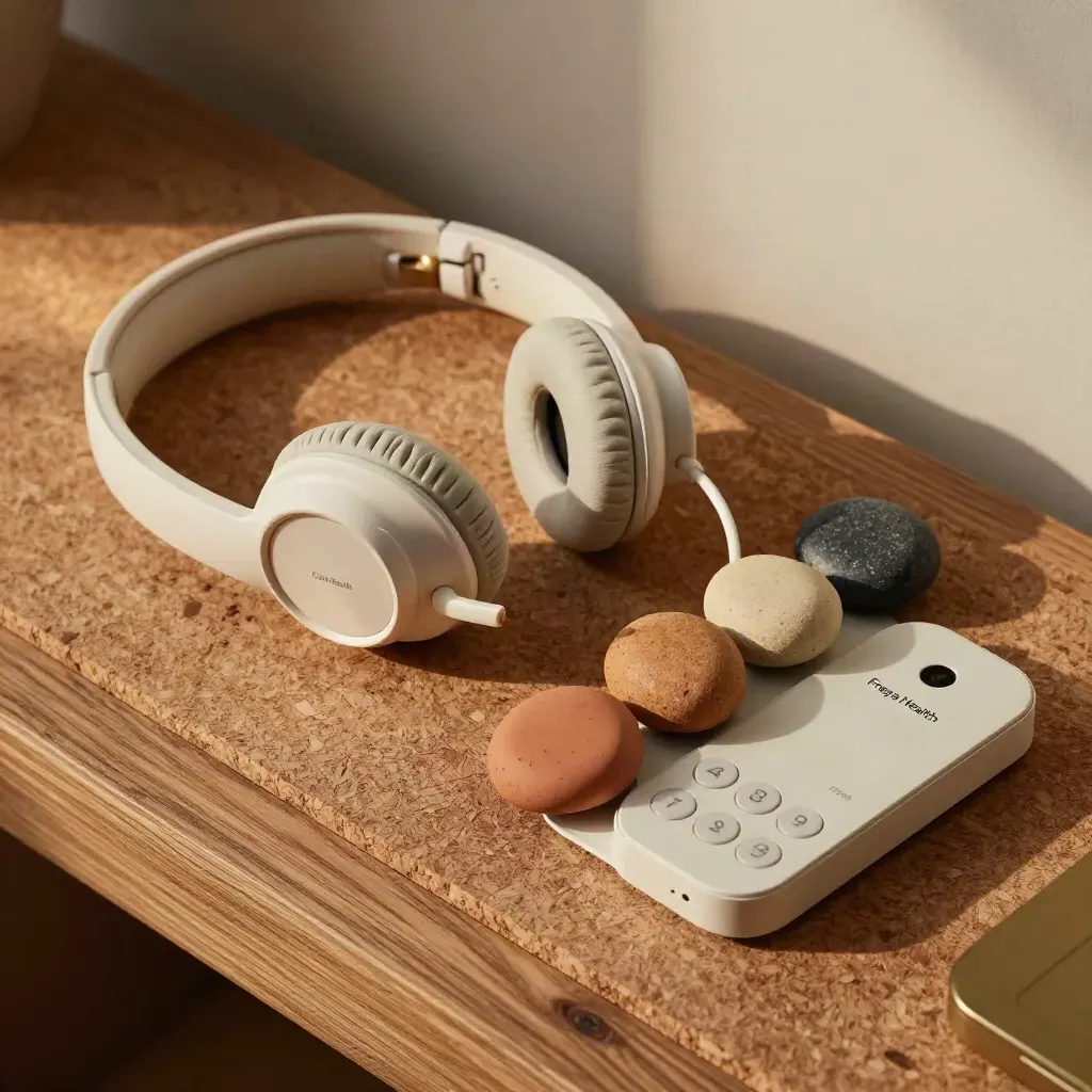 Overhead call hub with headset, cradle and colour-coded stones on a warm office surface.
