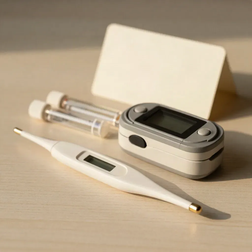 Thermometer, pulse oximeter and sample tubes arranged on pale wood in soft side light.