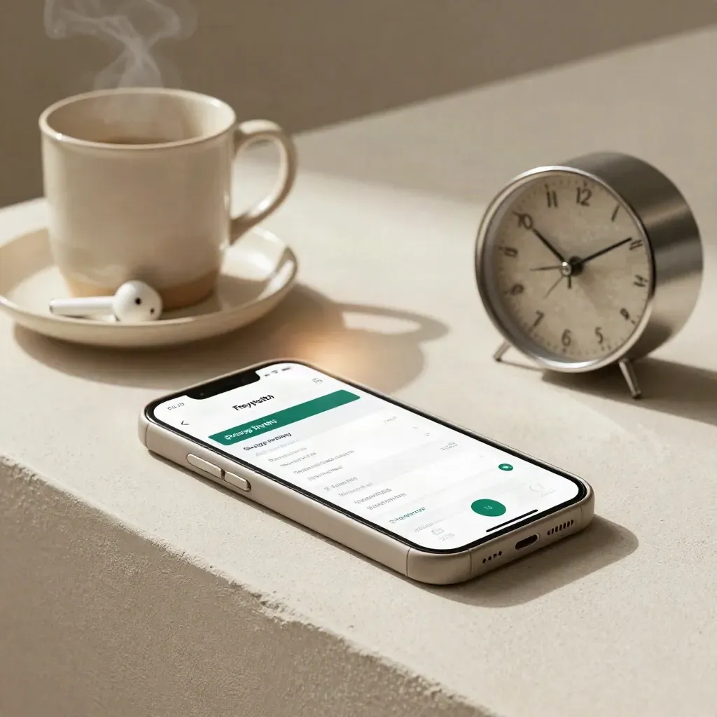 Face-down phone, earbuds, mug and small clock on a pale plaster ledge for online booking.