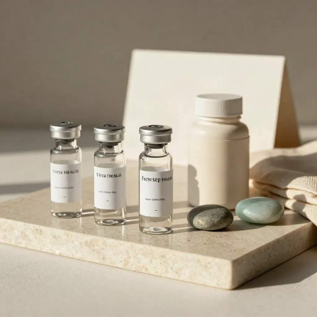 Top-down tray still life of vials, supplement bottle and stone markers with soft teal accent.