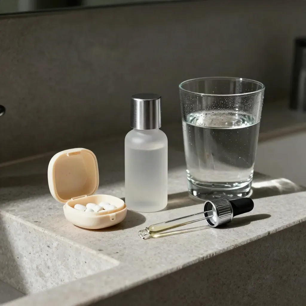 Ivory pill case, refill bottle, water glass and dropper on stone in soft daylight.