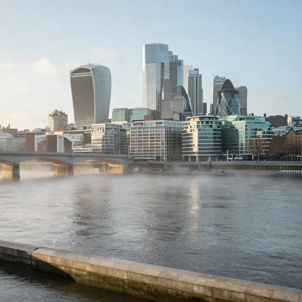 Misty Thames skyline with glass towers rising above calm river water in soft morning light.
