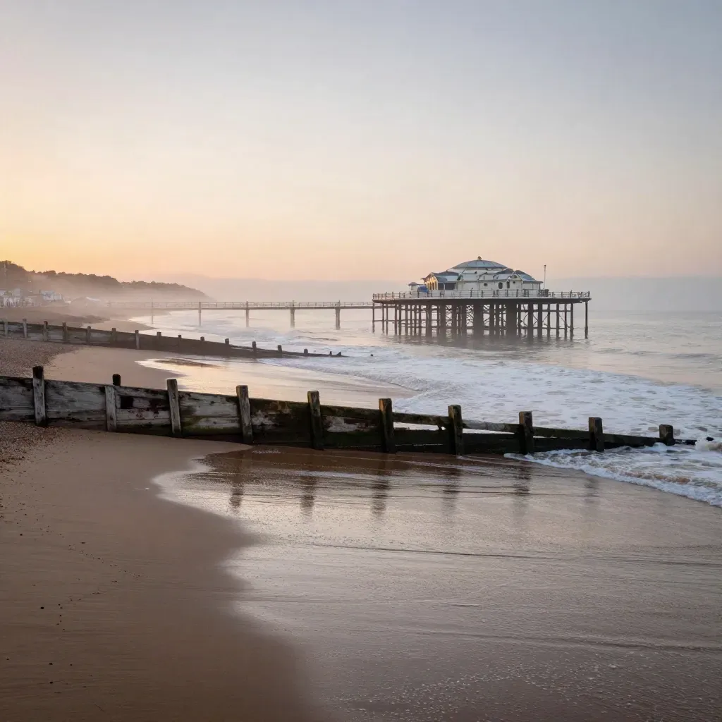 Brighton pier above pale surf and tidal flats at sunrise