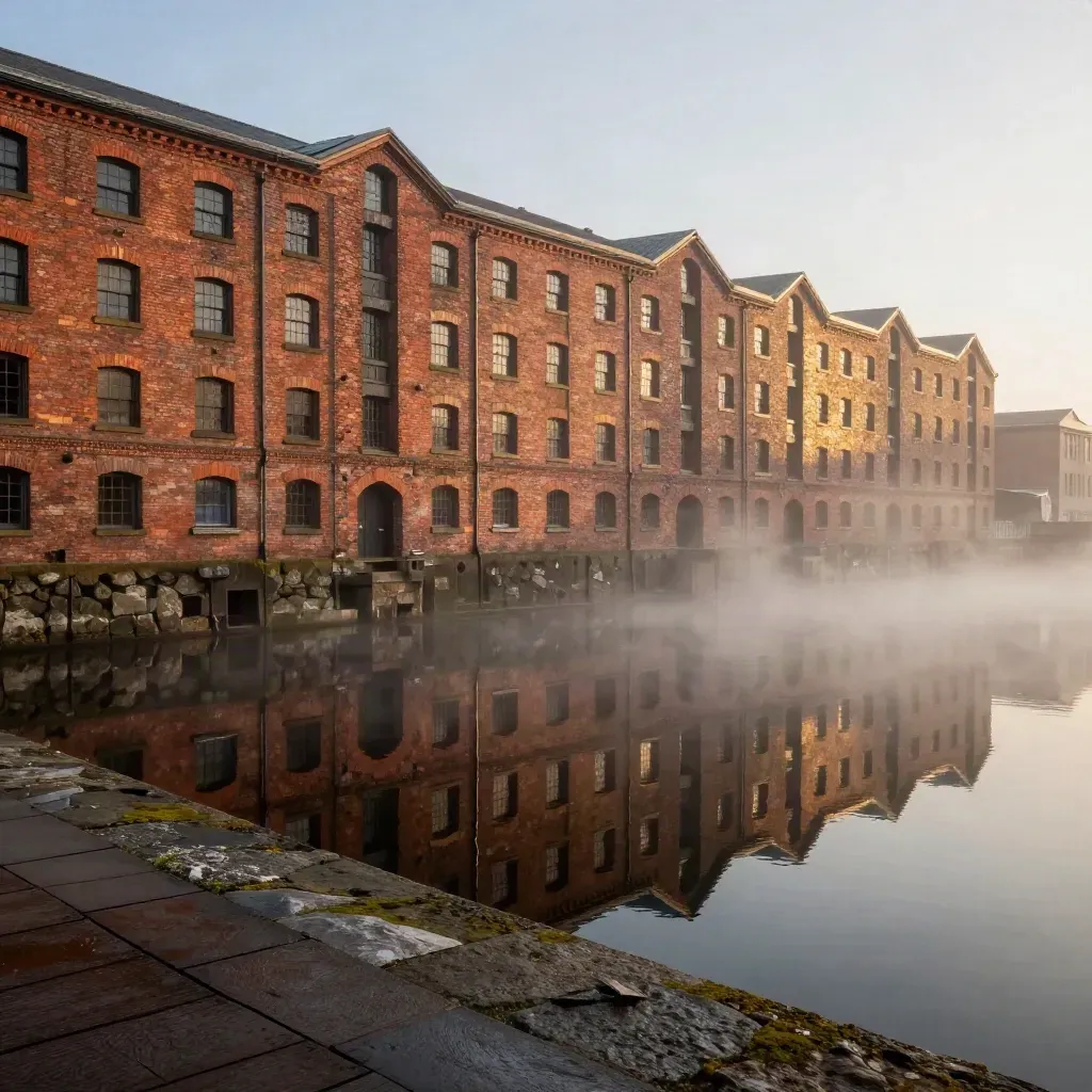 Red brick canal warehouses glow in misty sunset, reflected in still water.