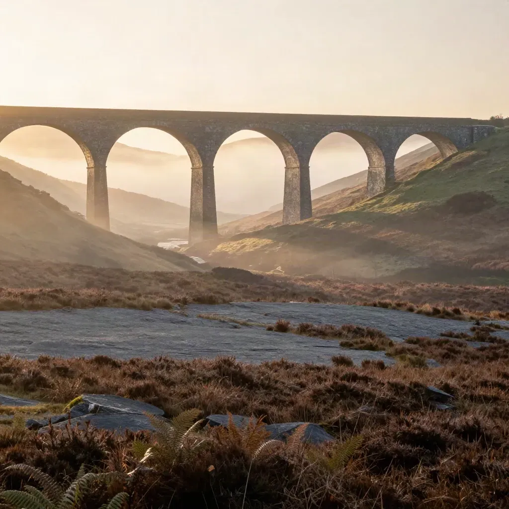 Misty Pennine ridge with a stone viaduct above calm moorland at sunrise.